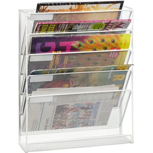 Relaxdays tijdschriftenrek muur - A4 formaat - 5 vakken - metaal - 40,5 x 32,5 x 10,5 cm - wit
