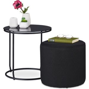 Relaxdays bijzettafel met poef, ronde salontafel met hocker, ruimtebesparend, glas & metaal, 40 x 40 cm, zwart