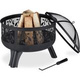 Feuerschale mit Funkenschutz, Garten & Terrasse, mit Schürhaken, Outdoor Feuerkorb, HxD: 60 x 60 cm, schwarz - Relaxdays