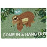 Relaxdays deurmat come in & hang out - luiaard - 60 x 40 cm - kokos - grappig - antislip - binnen en buiten