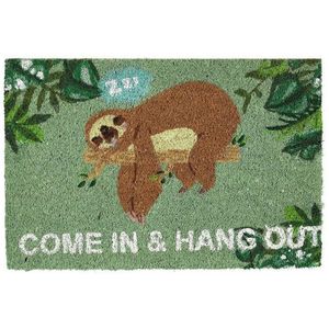 Relaxdays deurmat come in & hang out - luiaard - 60 x 40 cm - kokos - grappig - antislip - binnen en buiten