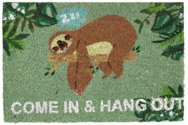 Relaxdays deurmat come in & hang out - luiaard - 60 x 40 cm - kokos - grappig - antislip - binnen en buiten
