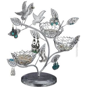 Relaxdays sieradenhouder boom - zilver - met bakjes - oorbellenrekje - sieradenstandaard