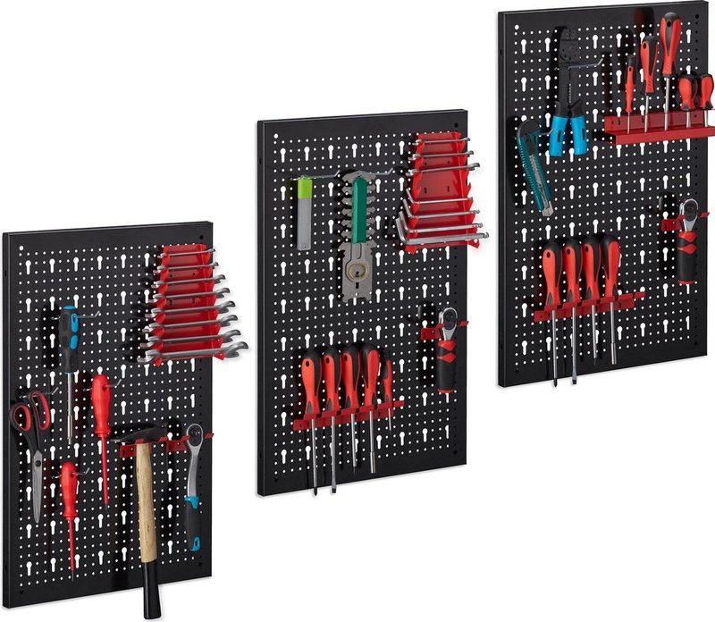 Relaxdays gereedschapswand - 3-delig - met haken set - 60 x 39 cm - gereedschapsbord - gereedschapshouder