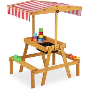 Relaxdays picknicktafel kinderen - speeltafel met banken - overkapping - buiten - 110x65x83 cm - naturel