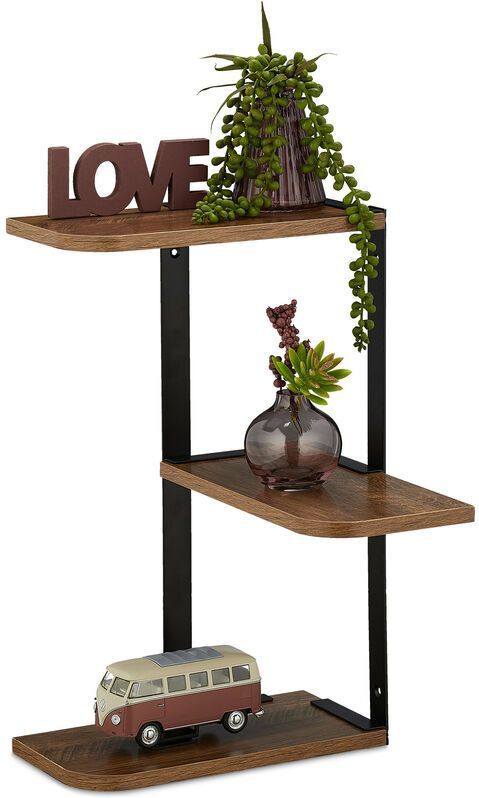 Relaxdays hoek wandrek - 3 planken - 42,5 x 26,5 x 26,5 cm - MDF - metaal - voor woonkamer of keuken