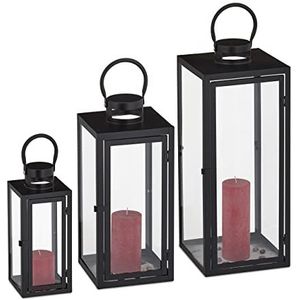 Relaxdays lantaarn set van 3 - kaarslantaarn - buiten - windlicht - metaal - glas - zwart