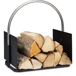 Relaxdays houtmand voor binnen - houtopslag haardhout - brandhoutmand - metaal - zwart