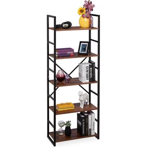 Relaxdays boekenkast met 5 etages, industrieel design, HBD: 158,5x60x30 cm, MDF & metaal, modern boekenrek, bruin/zwart