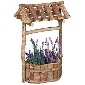 Relaxdays plantenbak waterput, houten tuindecoratie, met schors, vintage, bloembak buiten, HBD: 43 x 25 x 18 cm, natuur