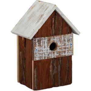 Relaxdays decoratie vogelhuisje, hout, vogelhuis hangend, decoratieve nestkast, tuin, HBD: 25,5x18x12 cm, natuur/wit