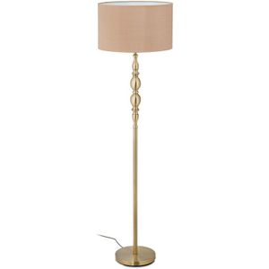 Relaxdays staande lamp woonkamer, E27, met snoer, stoffen kap Ø 43 cm, vintage vloerlamp 156 cm hoog, beige-goud