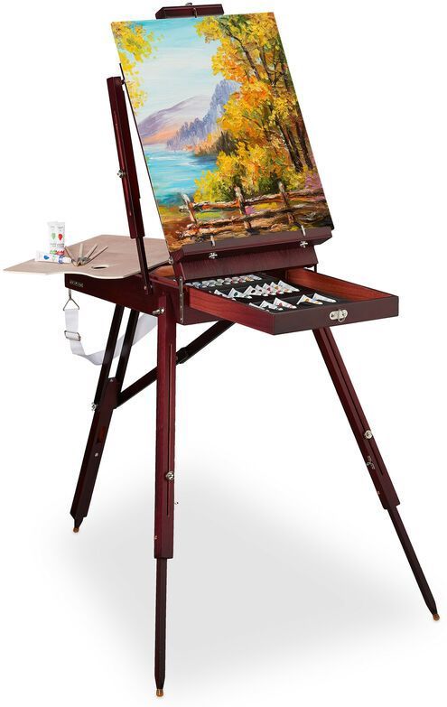 Relaxdays veldezel hout, 35-delig, tekendoos, incl. penselen set, mengpalet, canvas, water-, olie- en acrylverf, bruin