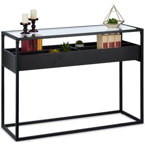 Relaxdays sidetable met vakken - wandtafel glas - haltafel metaal - zwarte consoletafel