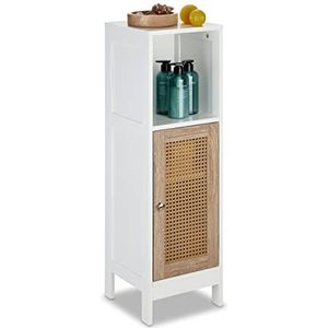 Badezimmerschrank, 3 Fächer, stehend, hbt: 96,5 x 30 x 30 cm, schmaler Badschrank mit Rattan-Tür, weiß/natur - Relaxdays