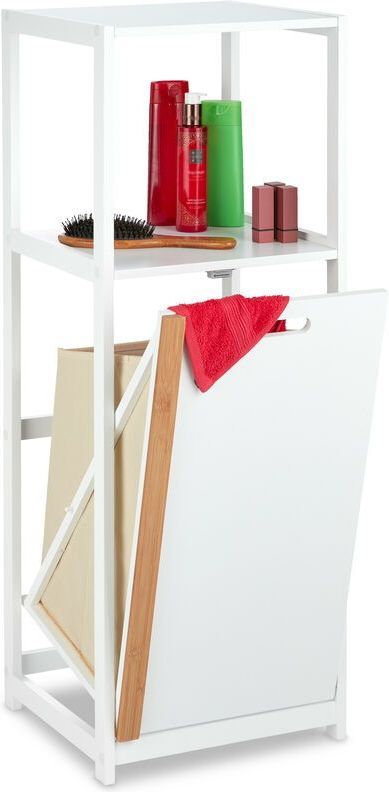Relaxdays badkamerrek met wasmand - 98 x 36 x 30 cm - 2 open vakken - uitneembare waszak - MDF - bamboe