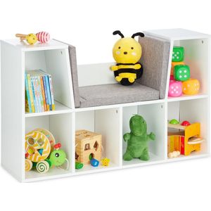 Relaxdays Boekenkast met Kussen - Kinderkast Wit - Speelgoedkast 6 Vakken - Modern