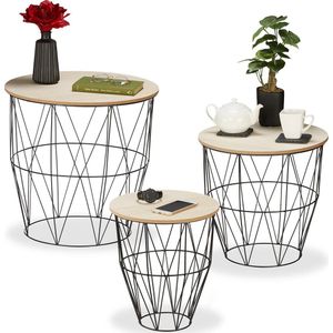 Relaxdays Set rond, hout- en metaallook voor woonkamer, 3 maten, rieten tafel, zwart, speelmand, houtlook, afmetingen, ijzerdraad, 60% 40% vezelplaat, 1 element