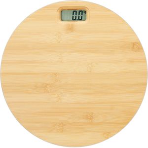 Relaxdays personenweegschaal digitaal - bamboe - rond - tot 180 kg - kg en lbs - 4x33 cm - bruin