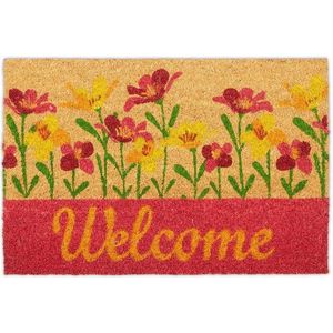 Relaxdays deurmat kokos - met tekst welcome - 40 x 60 cm - antislip - bloemen - natuur - rood