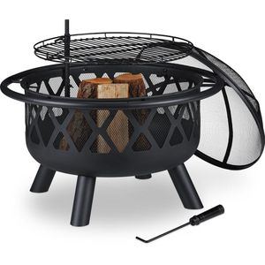 Relaxdays vuurschaal bbq - met vonkenscherm en pook - grillrooster - Ø 75 cm - staal - zwart