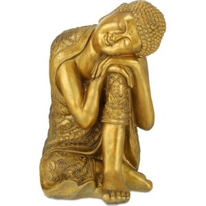 Relaxdays Boeddha beeld gekanteld hoofd, tuinfiguur, rustende Buddha, weer- en vorstvast, HBD: 61x40x37 cm, goudkleurig