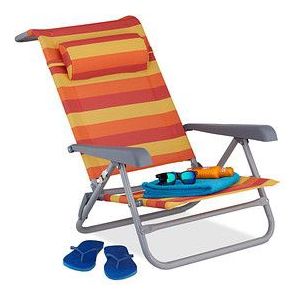 Relaxdays strandstoel opvouwbaar - verstelbaar - laag - met nekkussen - armleuningen - flesopener - geel-rood-oranje