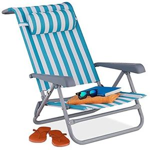 Relaxdays strandstoel opvouwbaar, verstelbaar, laag, 8 standen, armleuningen, gestreept, strand ligstoel, blauw/wit
