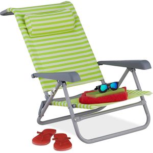 Relaxdays strandstoel opvouwbaar, verstelbaar, laag, 8 standen, armleuning, strepen, inklapbare campingstoel, groen/wit