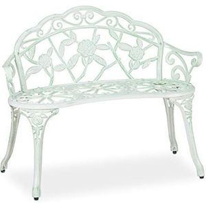 Gartenbank, 2 Sitzer, Rosen, Terrasse, Balkon, Alu & Gusseisen, antike Sitzbank, 78 x 98 x 55,5 cm, weiß/grün - Relaxdays