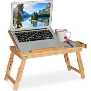 Relaxdays laptoptafel, inklapbare bedtafel van bamboe, hoogte verstelbaar & kantelbaar, ventilatiegaten & lade, naturel