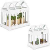 Relaxdays mini kweekkas, set van 2, voor vensterbank, plantenkas binnen, glas en MDF, kruiden, bloemen, 2 groottes, wit
