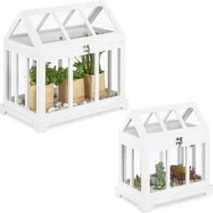 Relaxdays mini kweekkas - set van 2 - vensterbank - binnen - glas - MDF - 2 groottes - wit