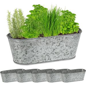 Relaxdays plantenbak zink, set van 6, voor binnen en buiten, HxBxD: 11 x 30,5 x 13,5 cm, ovale bloembak, zilverkleurig