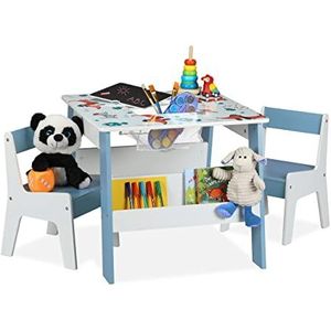 Relaxdays kindertafel en stoeltjes, hondenprint, tekentafel met 2 kinderstoeltjes, opbergruimte & tekenbord, kleurrijk