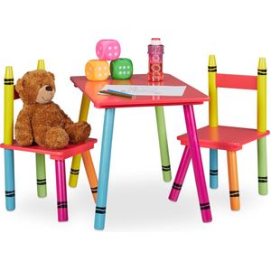 Relaxdays kindertafel en 2 stoeltjes, meisjes & jongens, MDF & hout, peuterstoeltje, zitgroep voor kinderen, kleurrijk
