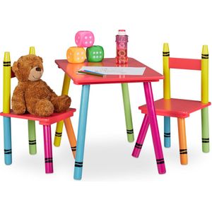 Relaxdays Tuinmeubelset voor kinderen, tafel met 2 stoelen, voor meisjes en jongens, van MDF en hout, zithoek voor kinderkamer, meerkleurig