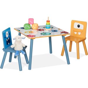 Relaxdays kindertafel en 2 stoeltjes, meisjes & jongens, MDF & hout, kinderstoeltje, knutseltafel kinderkamer, kleurrijk