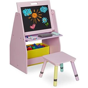Relaxdays schoolbord kind met speelgoed opbergkast, 2 vakken & box, HBD: ca. 84x52x45 cm, speeltafel met krukje, roze