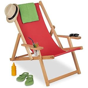 Relaxdays strandstoel hout, 3 standen, tot 100 kg, met armleuningen, bekerhouder, beukenhout, inklapbare ligstoel, rood
