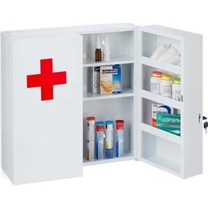 Relaxdays medicijnkastje, afsluitbaar, 11 vakken, staal, badkamer, HBD: 53,5x53x19 cm, verbandkast 2 deuren, wit/rood
