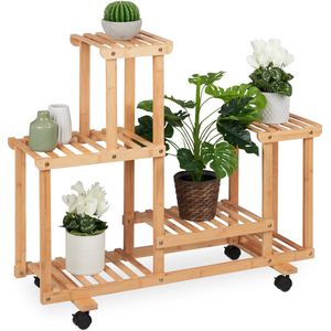 Relaxdays plantenrek - 6 planken - 79 x 95 x 36 cm - bamboe - wielen - binnen - breed - natuur