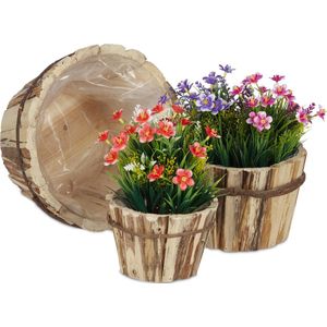 Relaxdays bloempot kastanjehout, set van 3, rond, met verschillende grootte, voor binnen en buiten, met folie, natuur