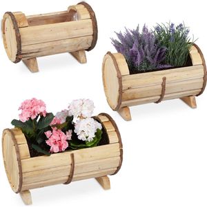 Relaxdays houten plantenbak, set van 3, met verschillende groottes, voor binnen & buiten, met folie binnenin, natuur