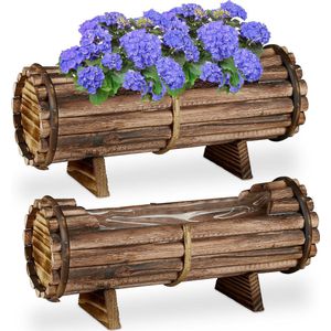 Relaxdays Plantenbak set van 2 - Hout - Bloembak - Binnen & Buiten - met Folie - Balkonbak