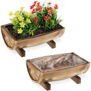 Relaxdays Plantenbak hout - set van 2 - plantenbak - langwerpig - folie - gevlamd - bruin