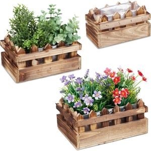 Relaxdays plantenbak hout, set van 3, hekvorm, vensterbank & balkon, met verschillende grootte, balkonbak, natuur