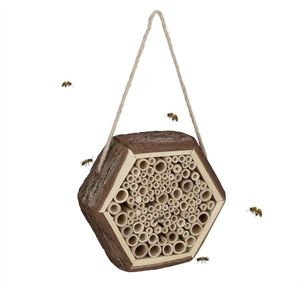 Relaxdays insectenhotel bijen, klein, zeshoekig, met touw, tuin, balkon, bijenhotel hangend, HBD: 18 x 20 x 7 cm, natuur