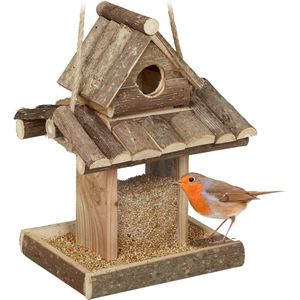 Relaxdays vogelvoederhuisje hangend - voederhuis vogels - houten vogelhuis voor tuin