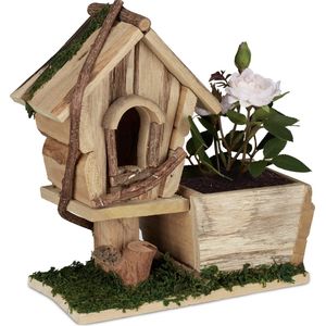 Relaxdays bloempot met decoratief vogelhuisje, plantenbakje voor buiten of op de vensterbank, schors & mos, natuur/groen
